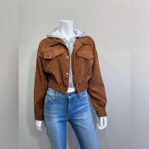 Altar'd State Brown Corduroy Bomber Jacket Fleece Zippered Hoodie